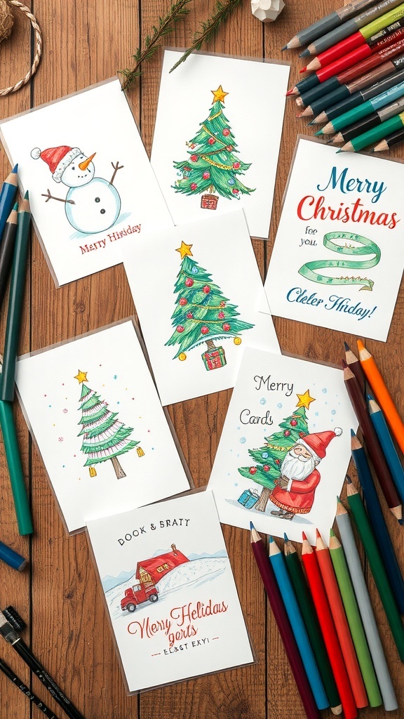 Hand-drawn Christmas card designs with festive illustrations like snowmen, Christmas trees, and Santa Claus on a wooden table.